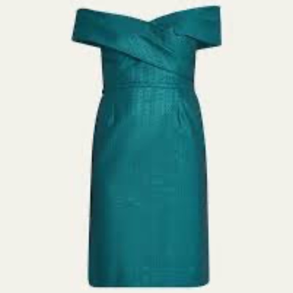 Rickie Freeman Teri Jon Emerald Off Shoulder Metallic Jacquard Bow Mini Dress - Picture 4 of 4